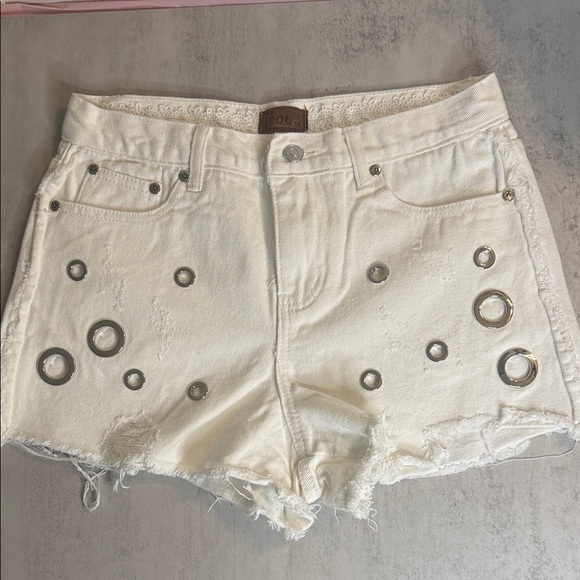 POL Pants - POL Distressed White Jean Shorts with Silver Details